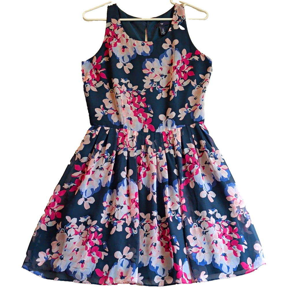 Gap Womens Floral Fit Flare Dress Navy Blue Cottagecore Chiffon Party Sz 6